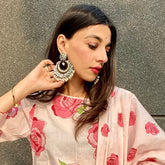 Silver-Toned Rhodium Plated Oxidized Crescent Shaped Chandbalis