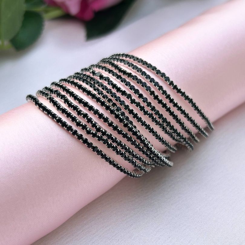 Stretchable Black Silver Plated Bracelet - Pack of 12