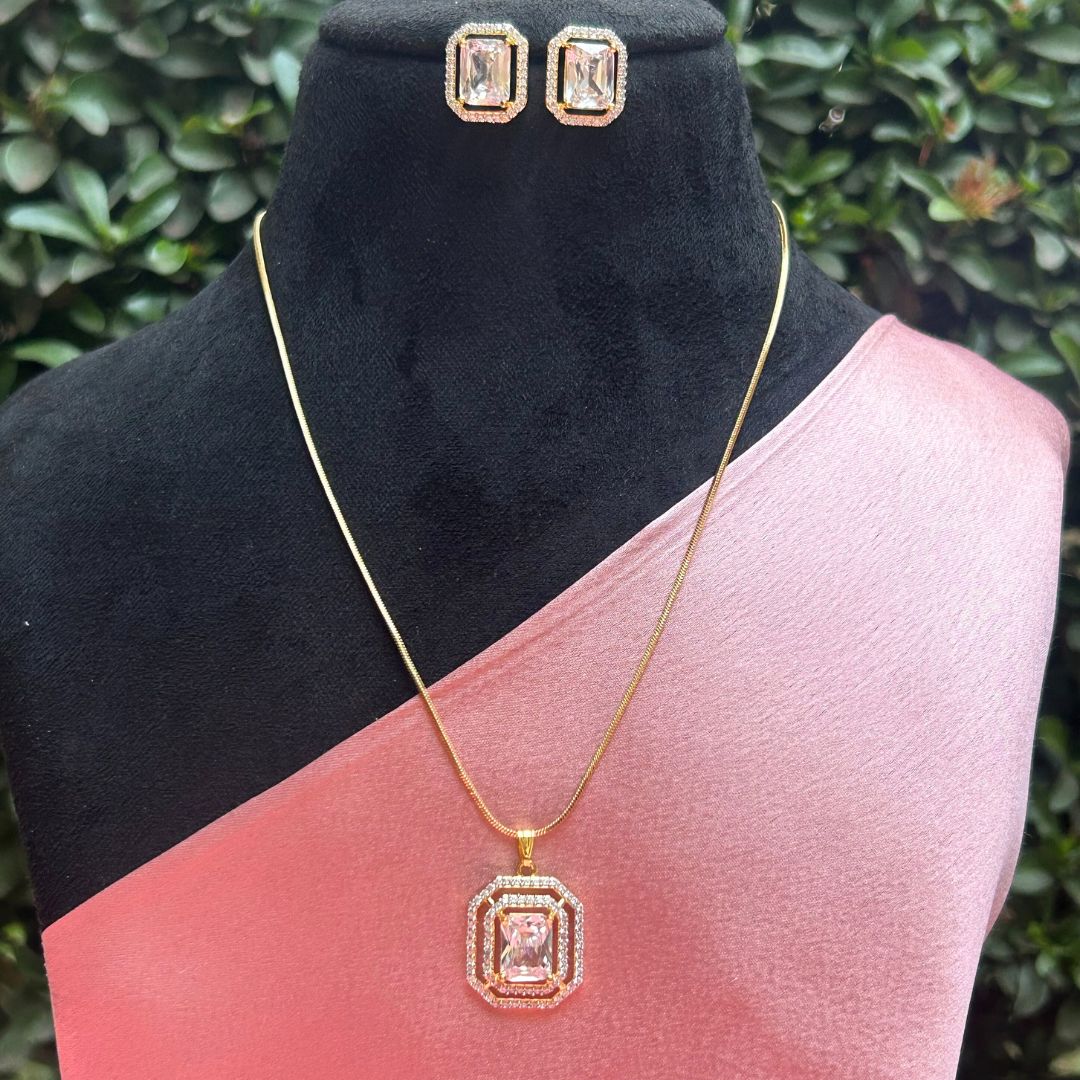 18K Gold Plated Square American Diamond Pendant Set