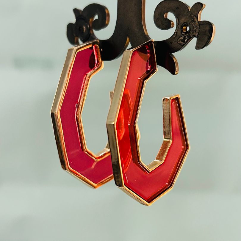 Enamel Red Structured Hoop Earrings