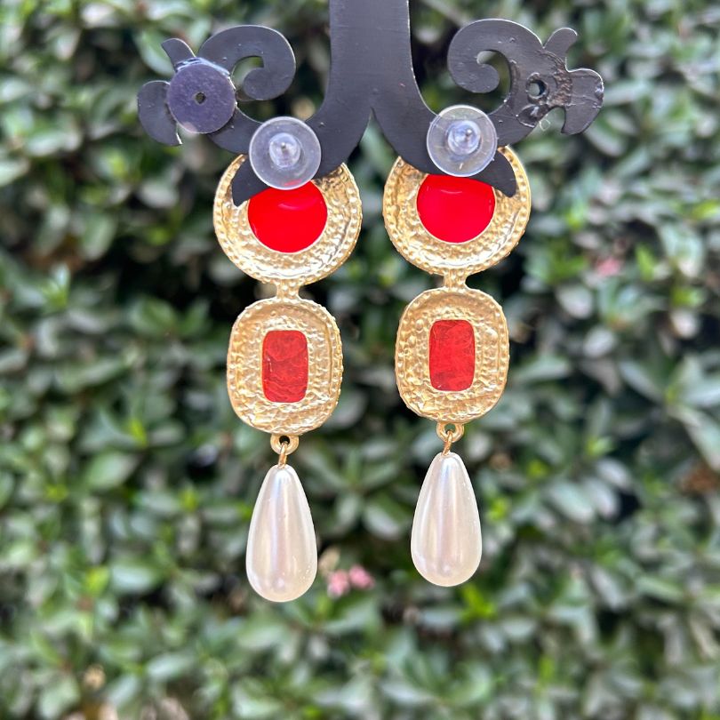 Round Square Red Layered Earrings