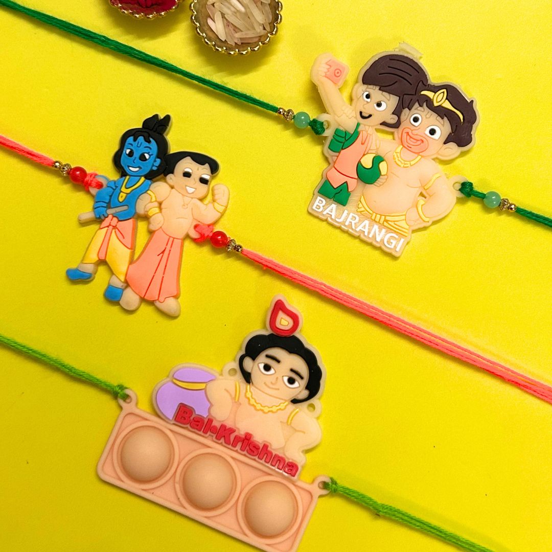 Set of 3 Rakhis - Bajrangi , Balkrishna And Chhota Bheem Krishna Rakhi