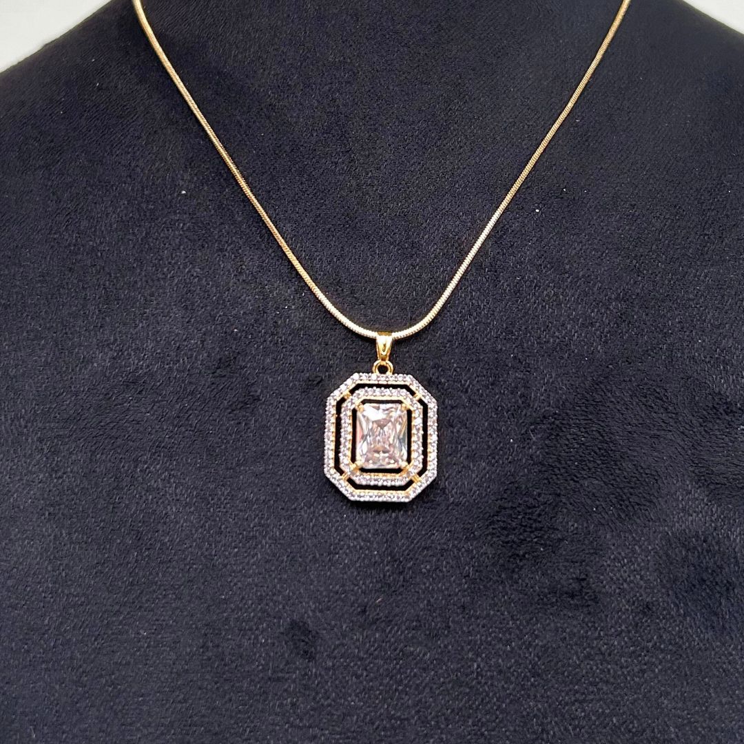 18K Gold Plated Square American Diamond Pendant Set