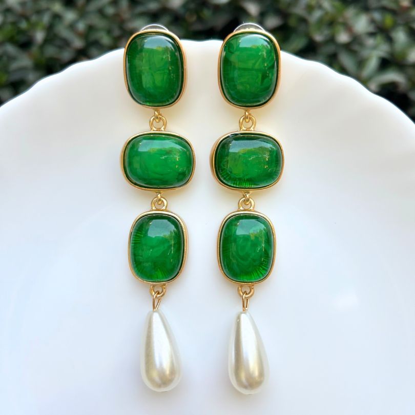 Square Green Three Layered Earrings