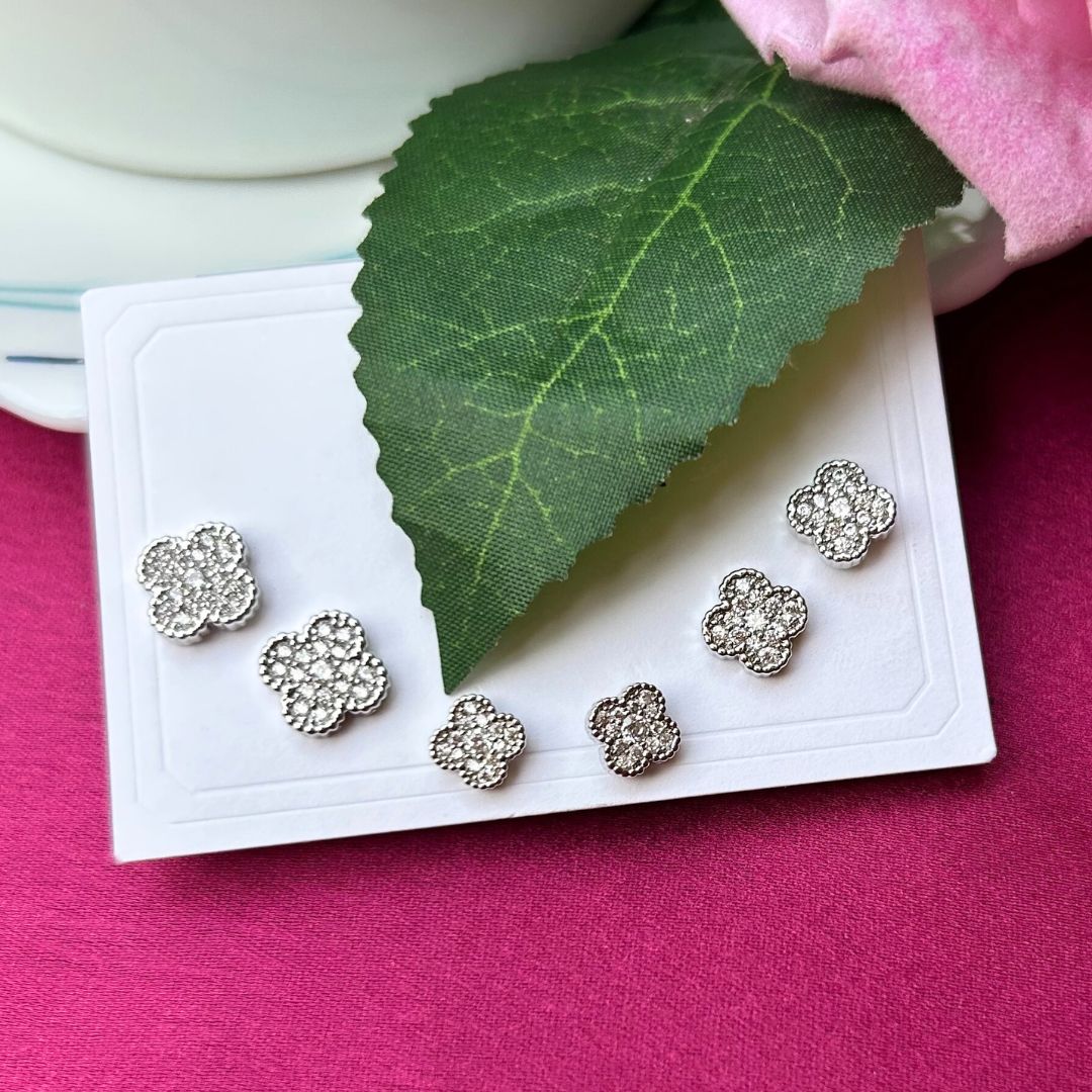 Set Of 3 Floral Silver Studs