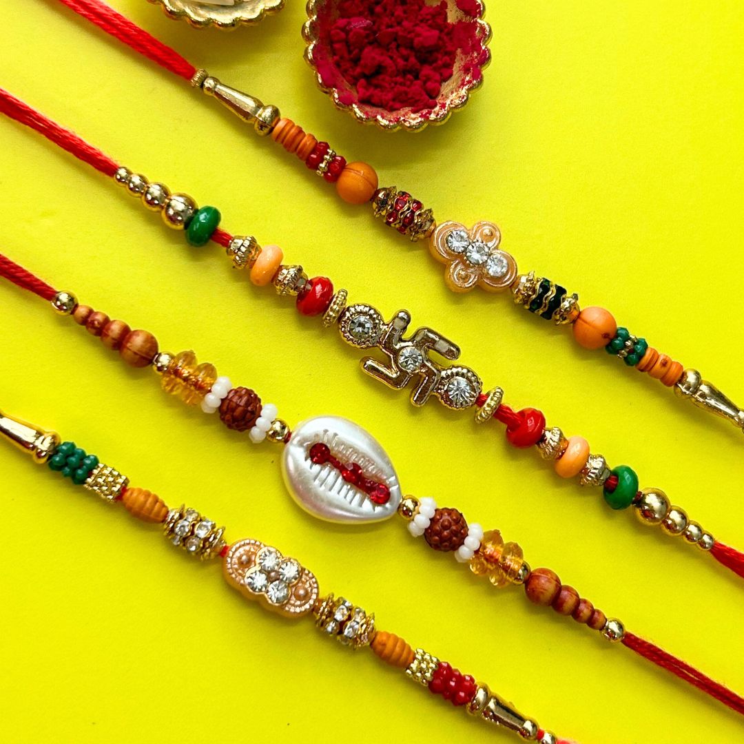 Set of 4 Rakhis - Swastik, Shankh and Mandir Rakhi
