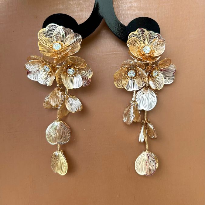 Agate Aged Gold Floral Statement Earrings