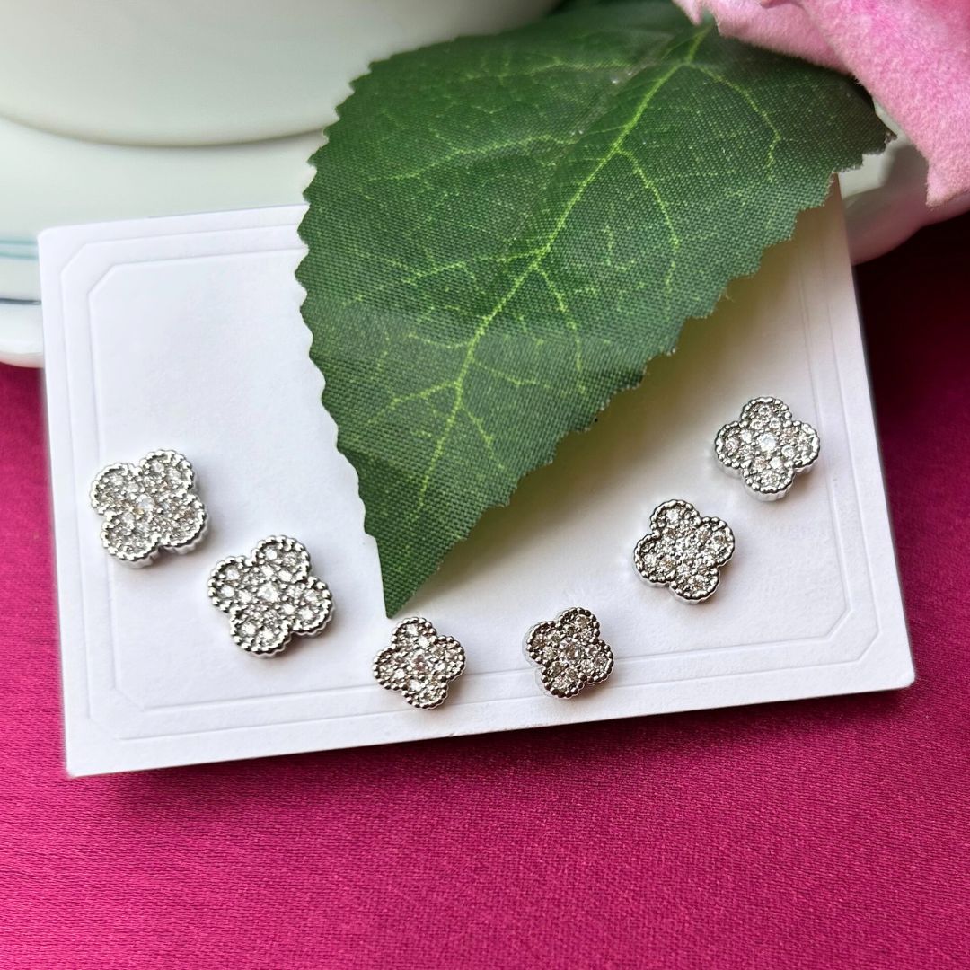 Set Of 3 Floral Silver Studs