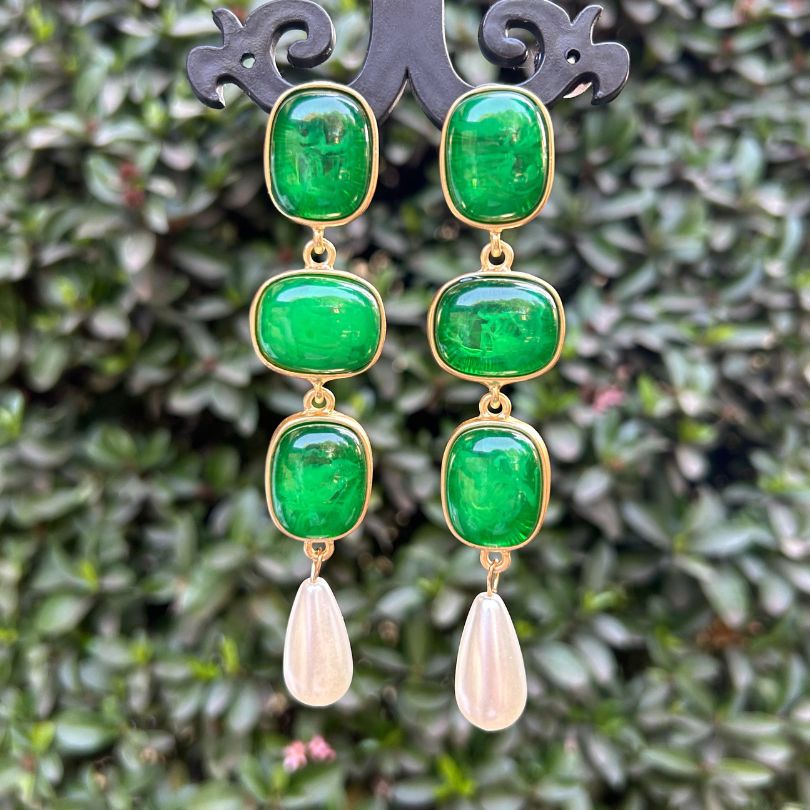 Square Green Three Layered Earrings