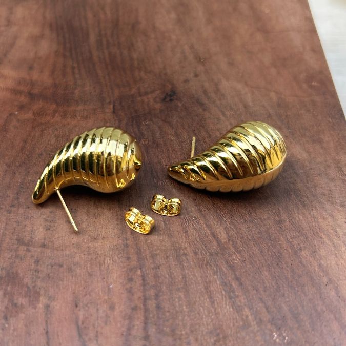 Structured Golden Tear Drop Stud Earrings