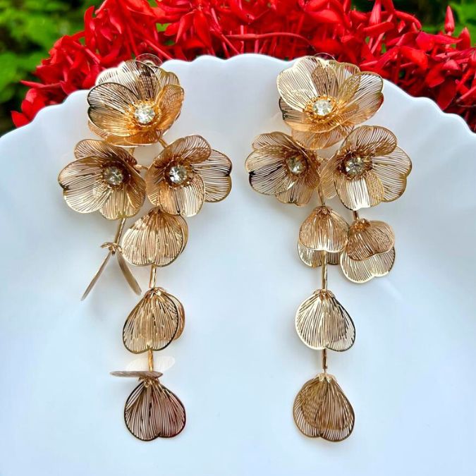 Agate Aged Gold Floral Statement Earrings