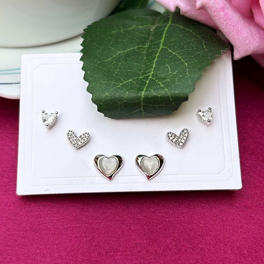 Set Of 3 Heart Silver Studs