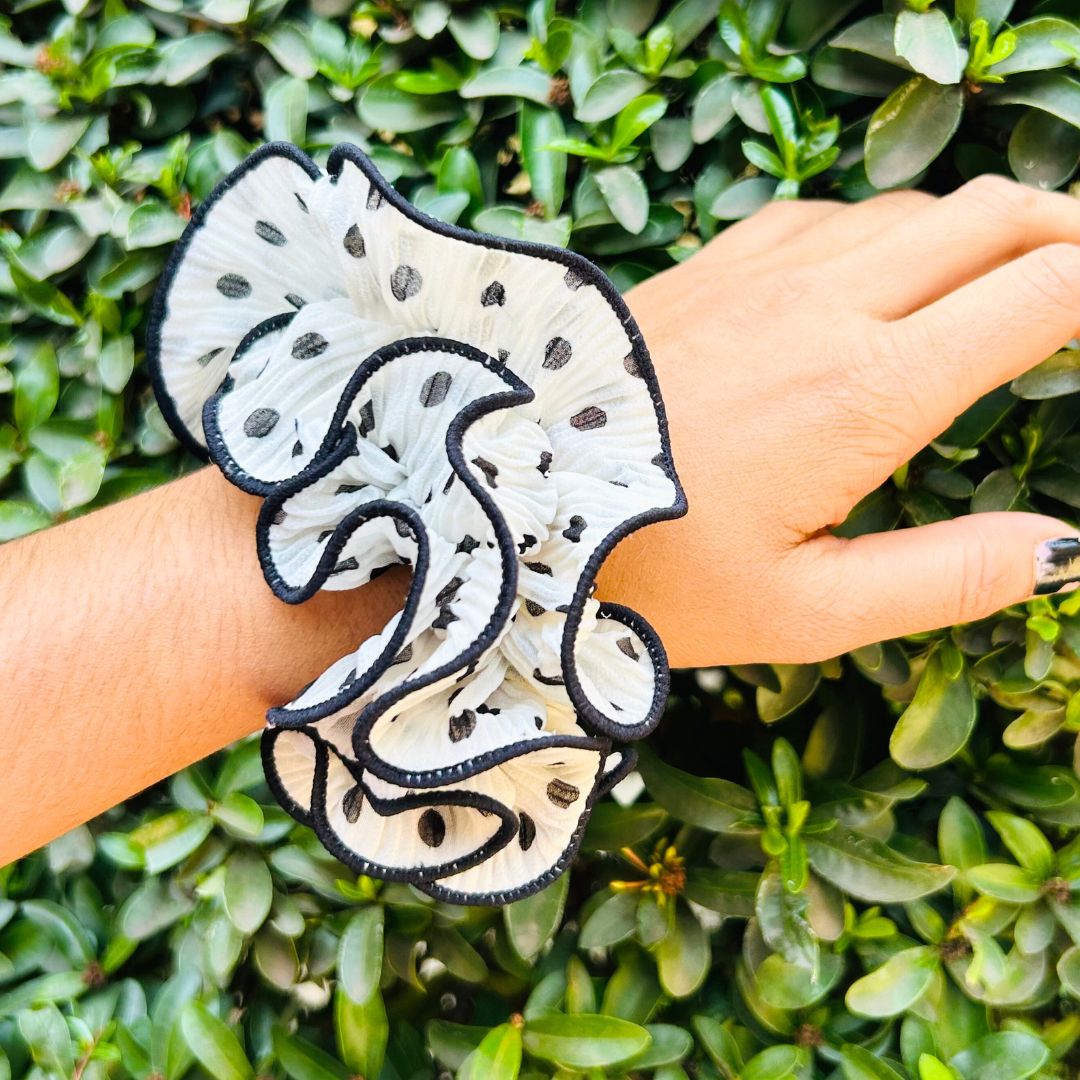 Polka Dot Pleated White Oversized Scrunchie