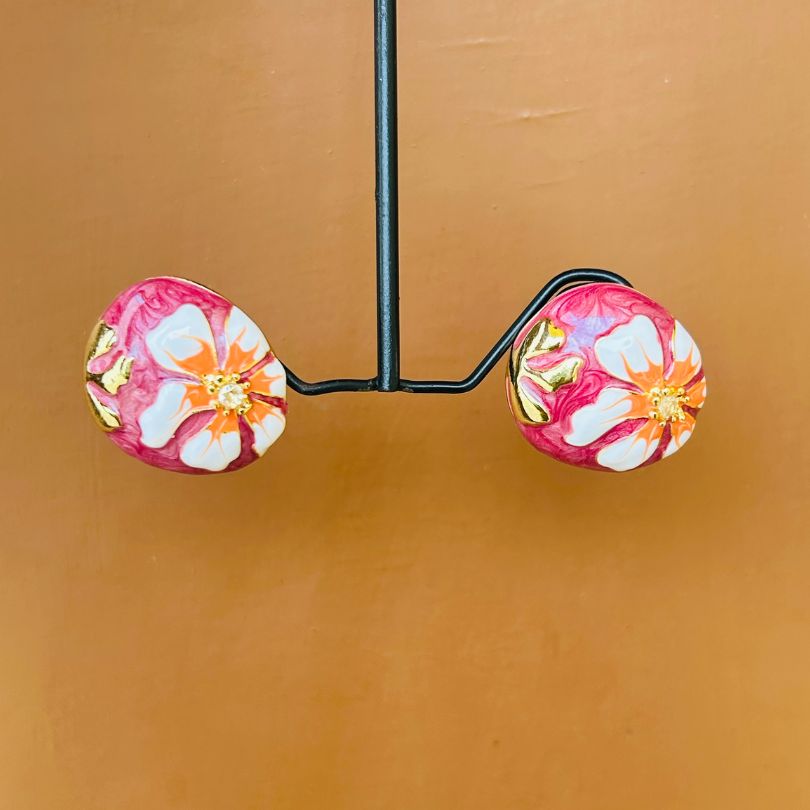 Floral Print Maroon Stud Earrings