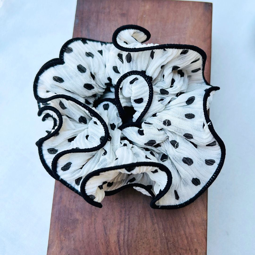 Polka Dot Pleated White Oversized Scrunchie