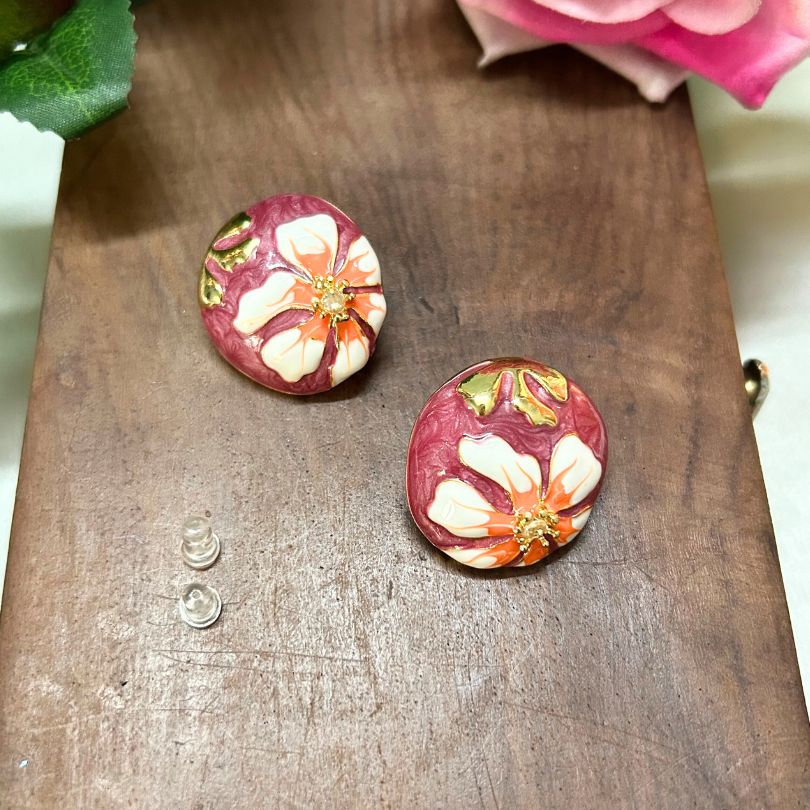 Floral Print Maroon Stud Earrings