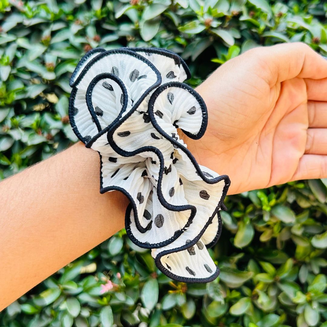 Polka Dot Pleated White Oversized Scrunchie