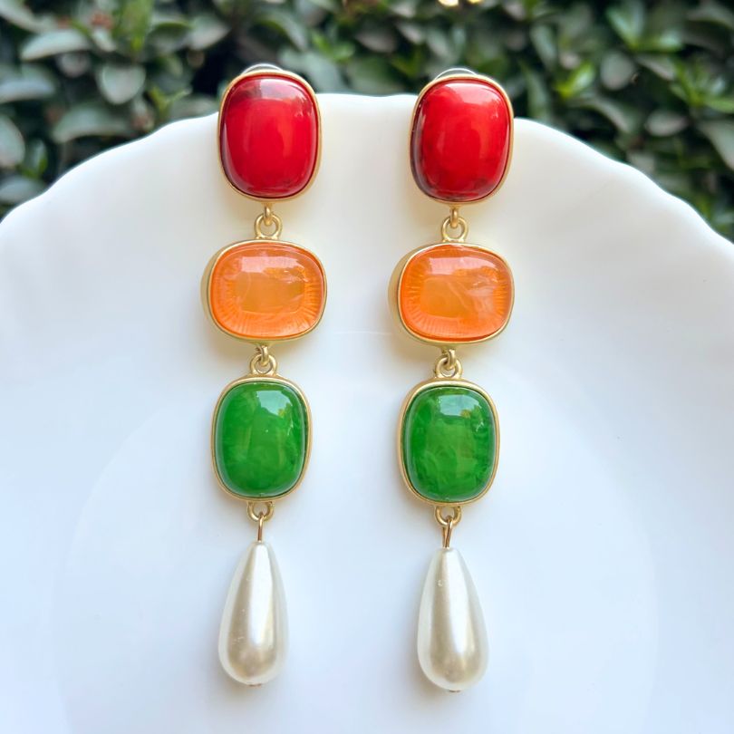 Square Multicolor Three Layered Earrings