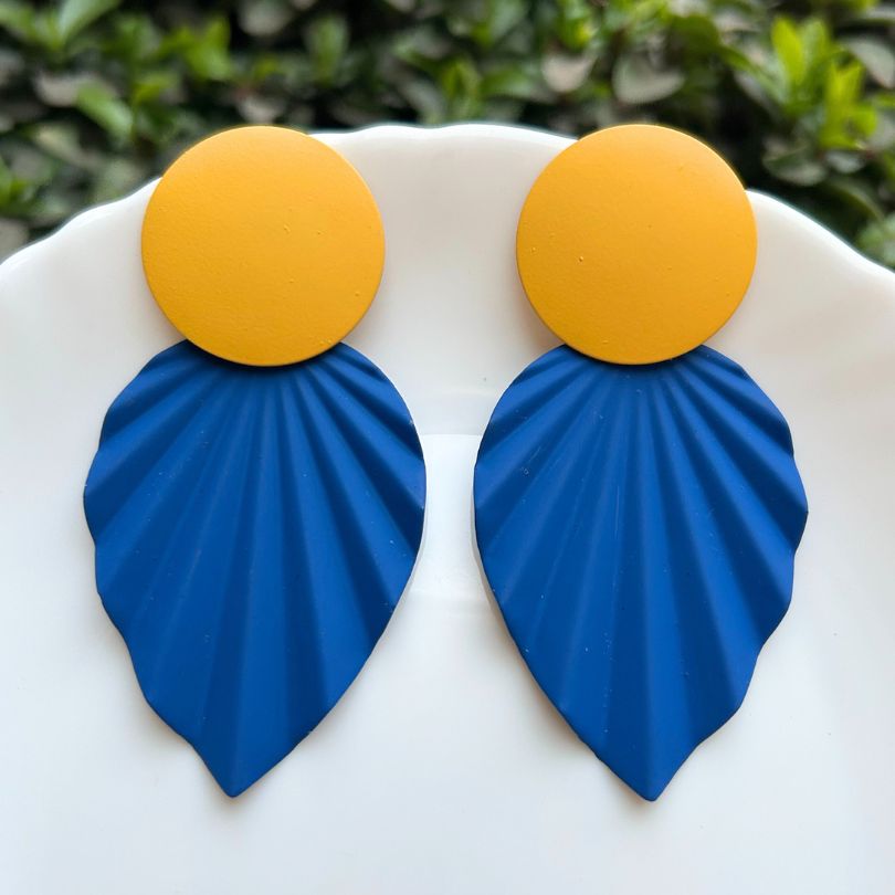 Round Leaf Yellow Blue Earrings