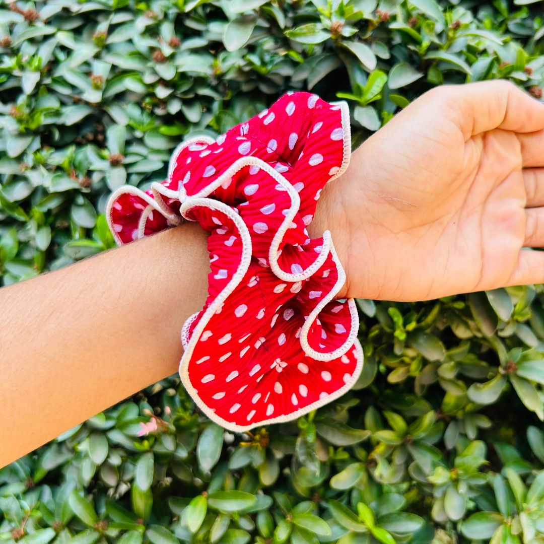 Polka Dot Pleated Dark Red Oversized Scrunchie