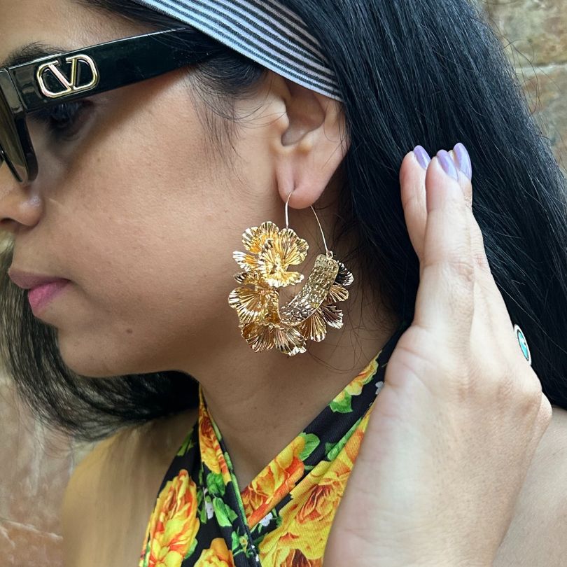 Metallic Flower Hoop Earrings