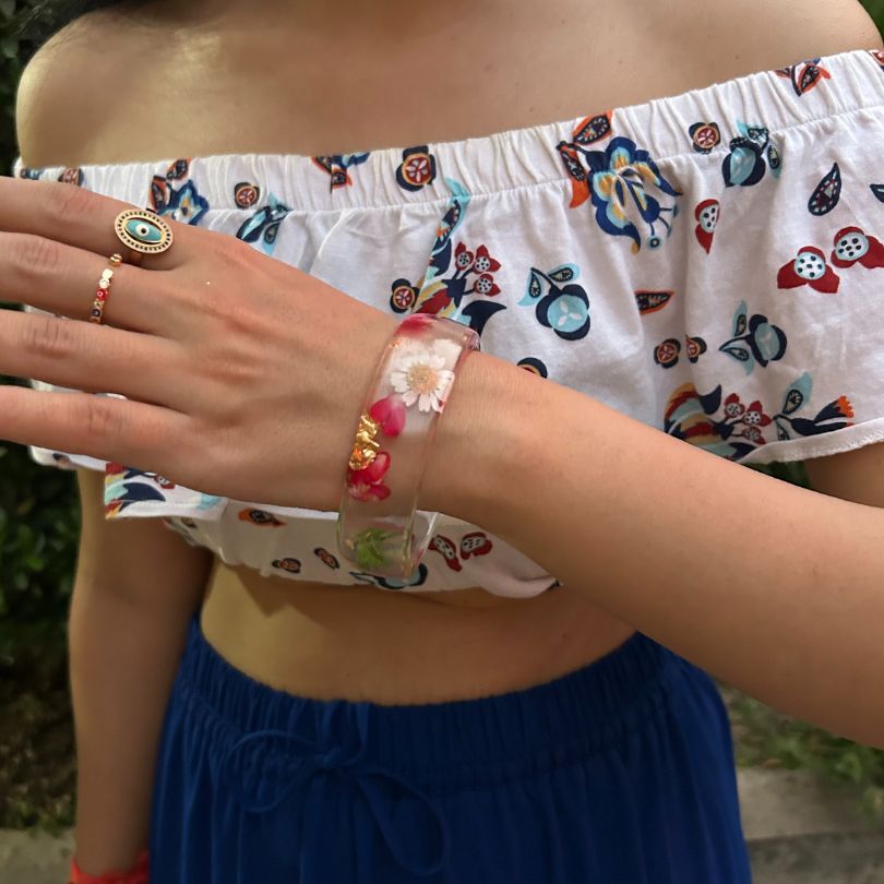 Pink Flower Resin Transparent Bangles