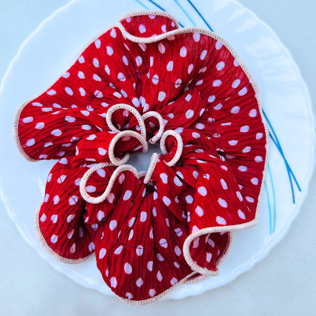 Polka Dot Pleated Dark Red Oversized Scrunchie
