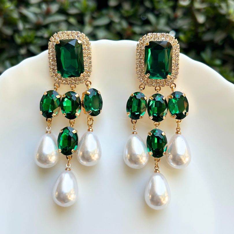 Chandelier Green Pearl AD Earrings
