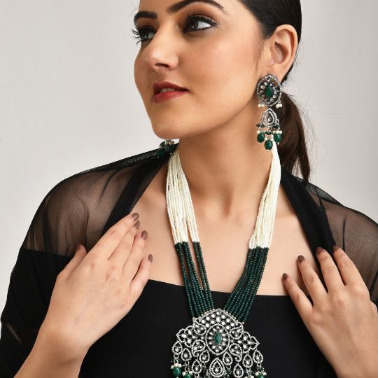 Rhodium Plated AD Emerald Rani Haar Set