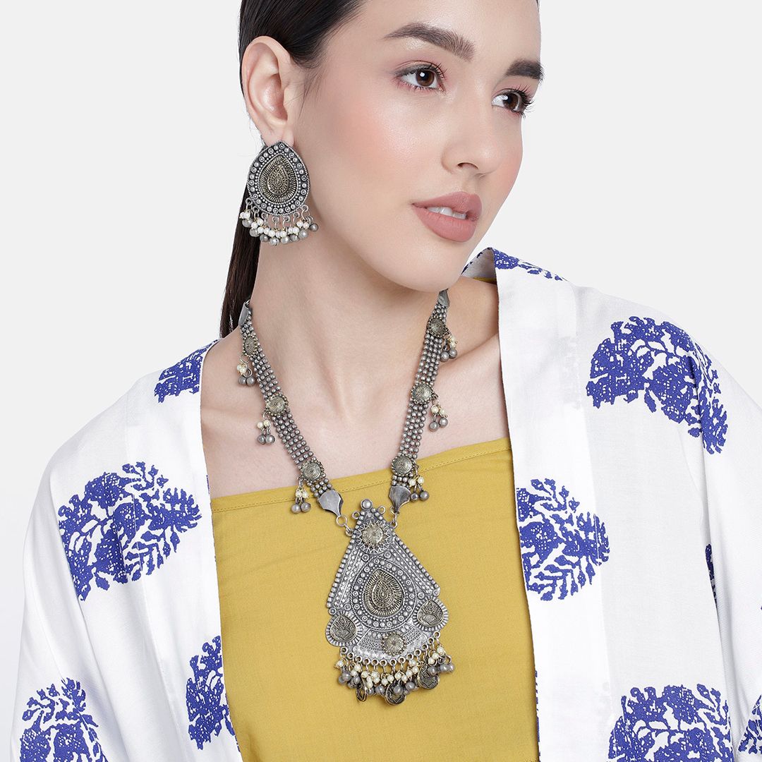 Premium Dual-tone Silver Oxidized Necklace Set