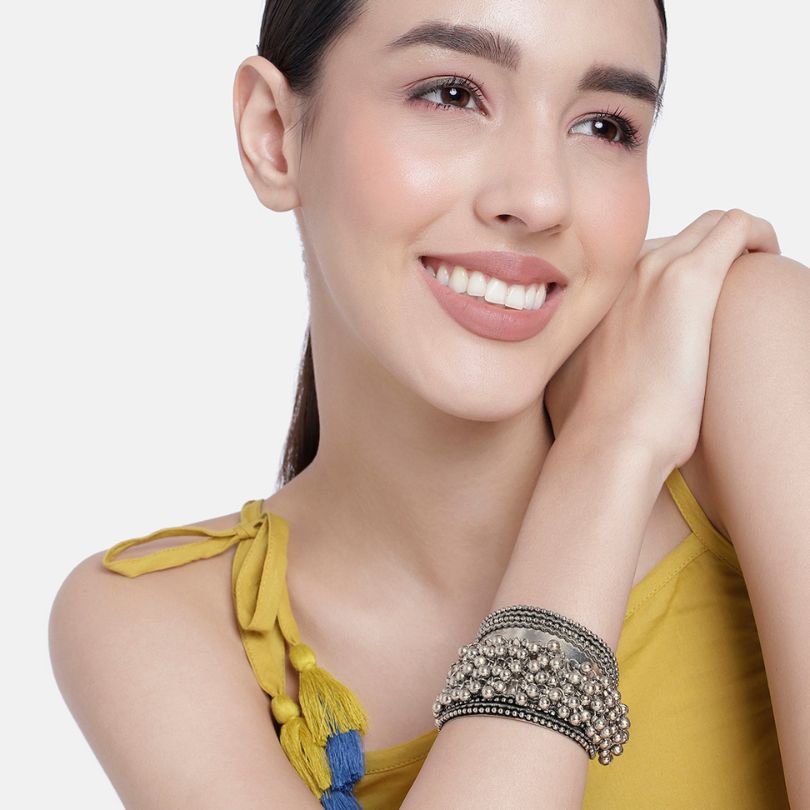 Mayah Ghungroo Silver Oxidised Cuff Bracelet
