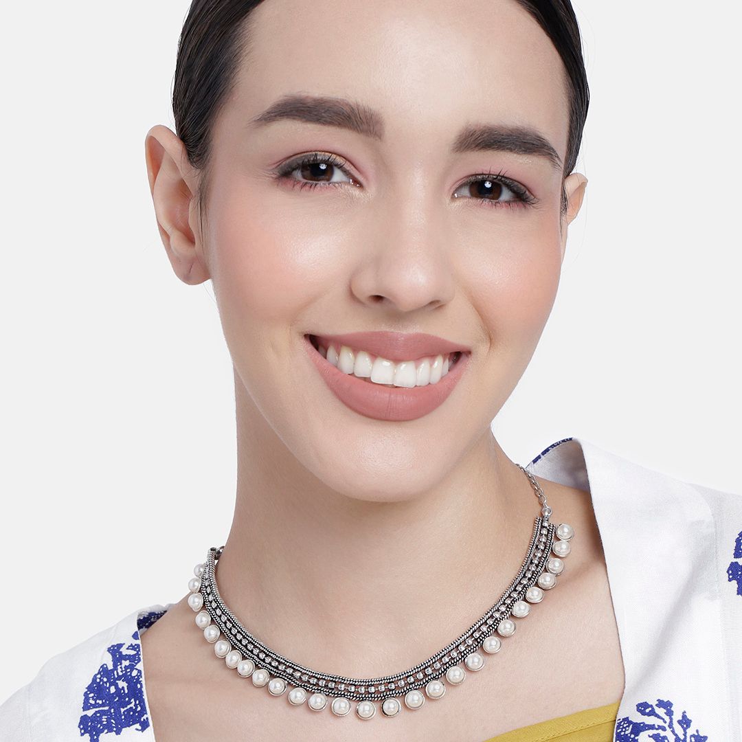 Laida German Silver Silver-Plated Oxidised Necklace