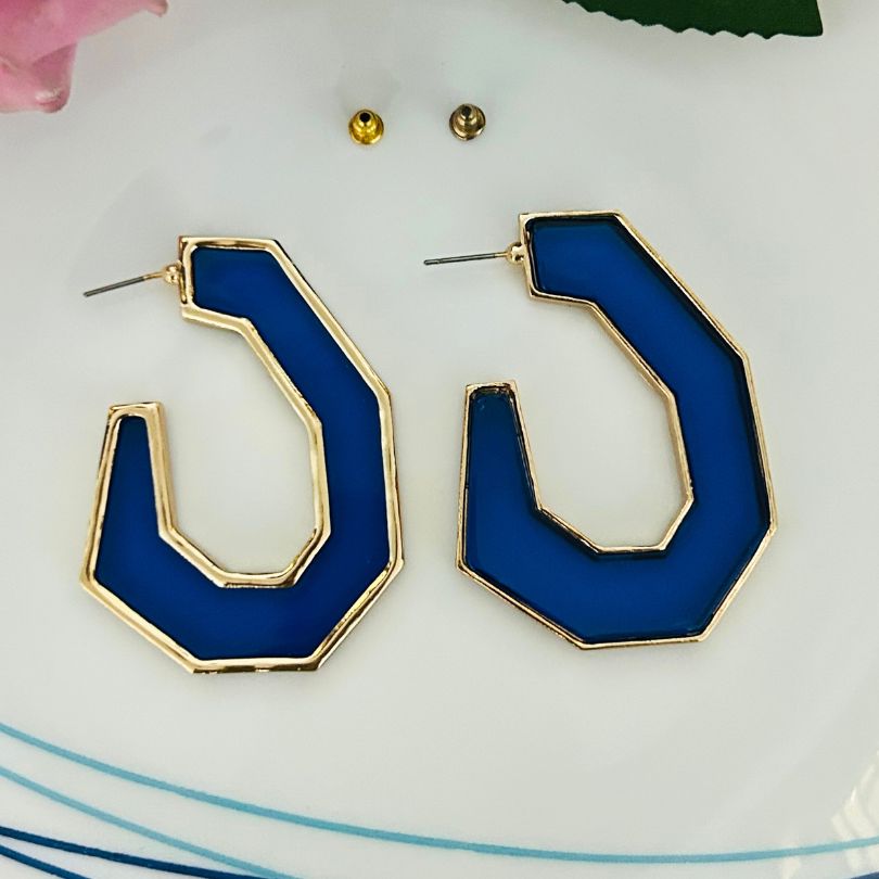 Enamel Blue Structured Hoop Earrings