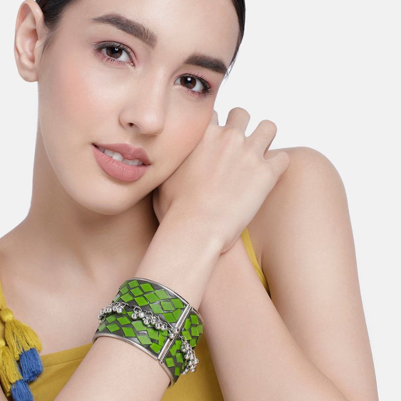 Green Meenakari Silver-Plated Cuff Bracelet