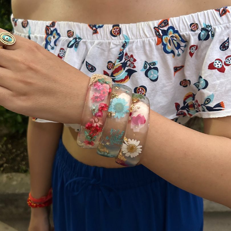 Pink Flower Resin Transparent Bangles