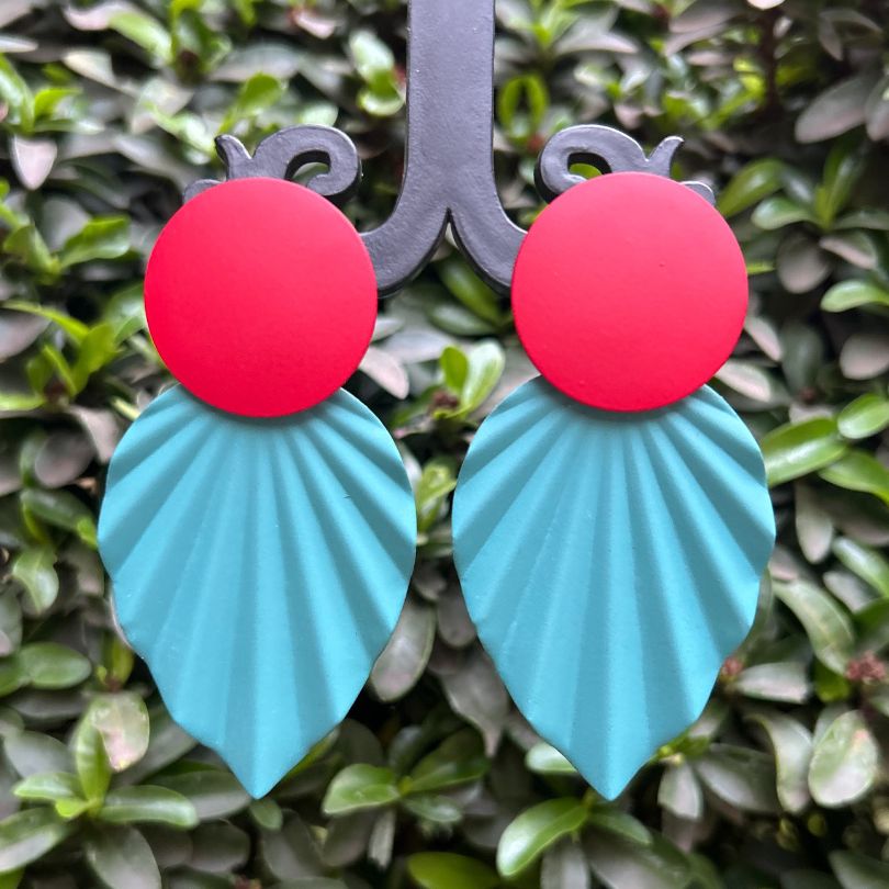 Round Leaf Maroon Teal Green Earrings