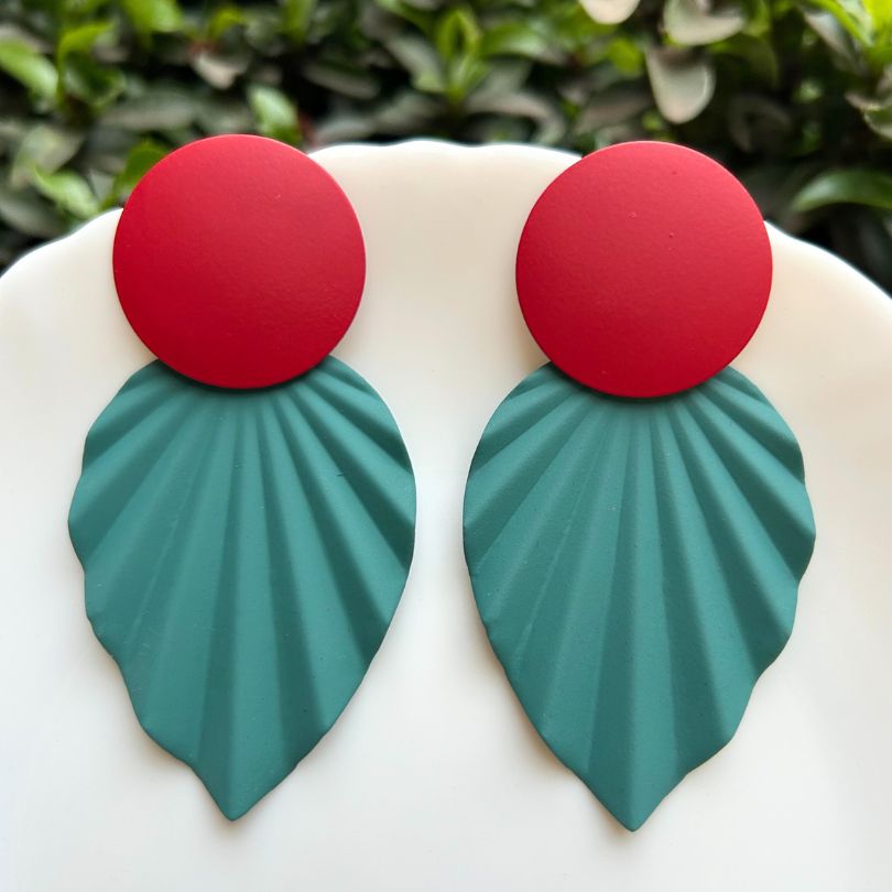 Round Leaf Maroon Teal Green Earrings