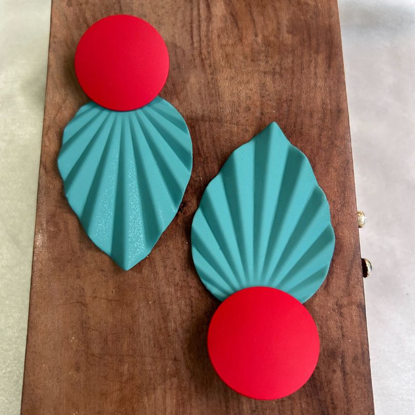 Round Leaf Maroon Teal Green Earrings