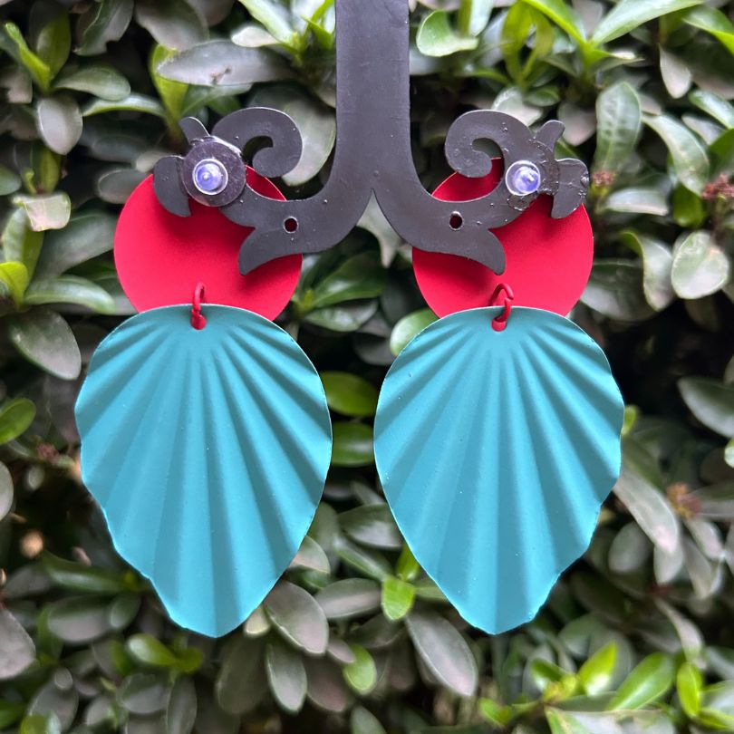 Round Leaf Maroon Teal Green Earrings