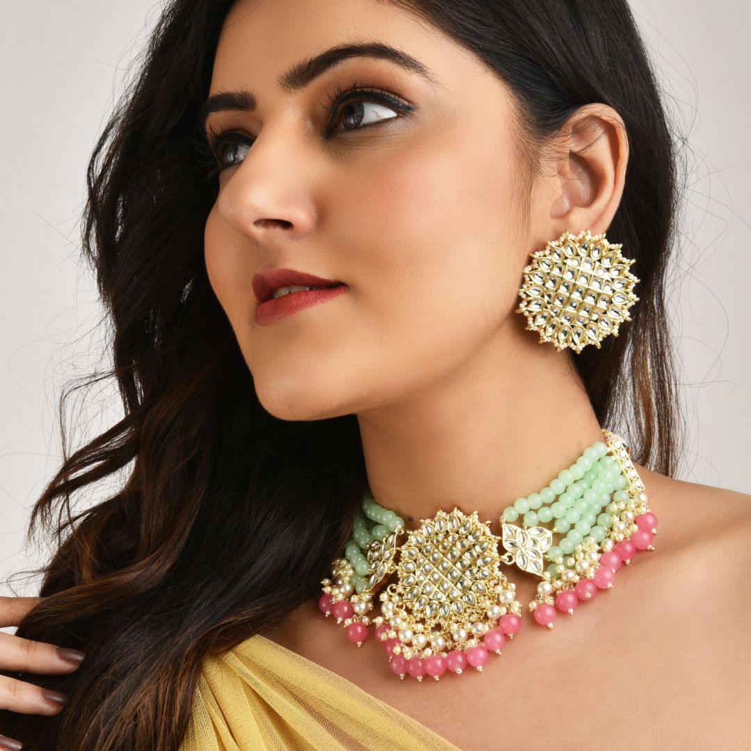 LAIDA Gold-Plated Stone-Studded & Pearl Beaded Jewellery Set