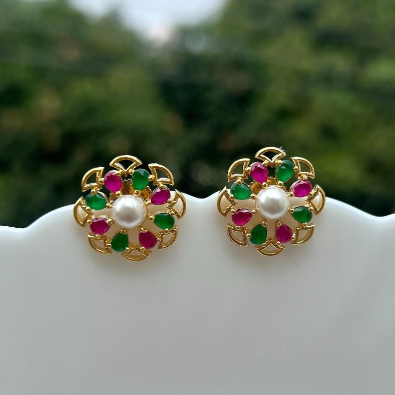 Ruby Green Pearl Stud Earrings