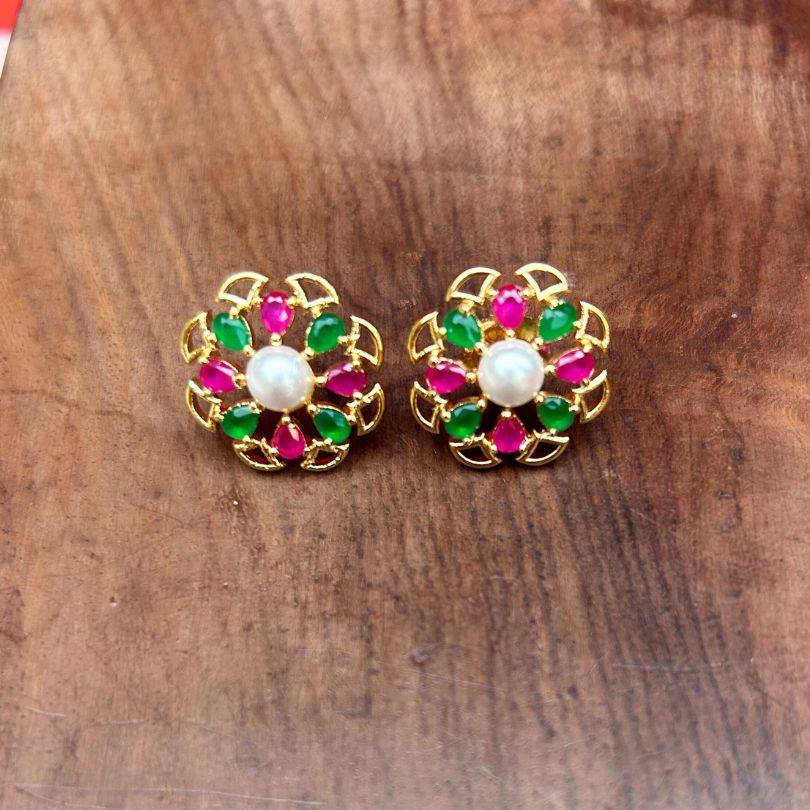 Ruby Green Pearl Stud Earrings