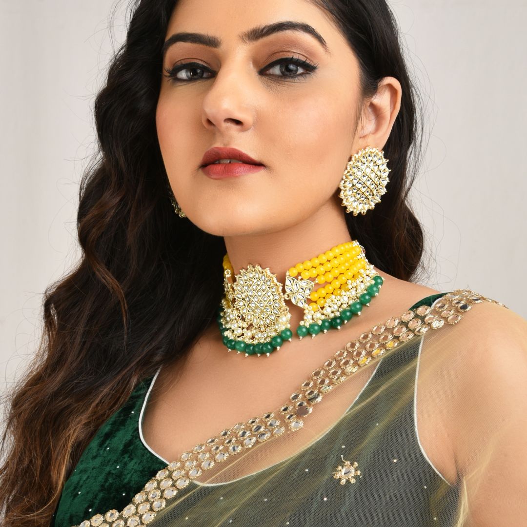 LAIDA Gold-Plated Stone-Studded & Pearl Beaded Jewellery Set