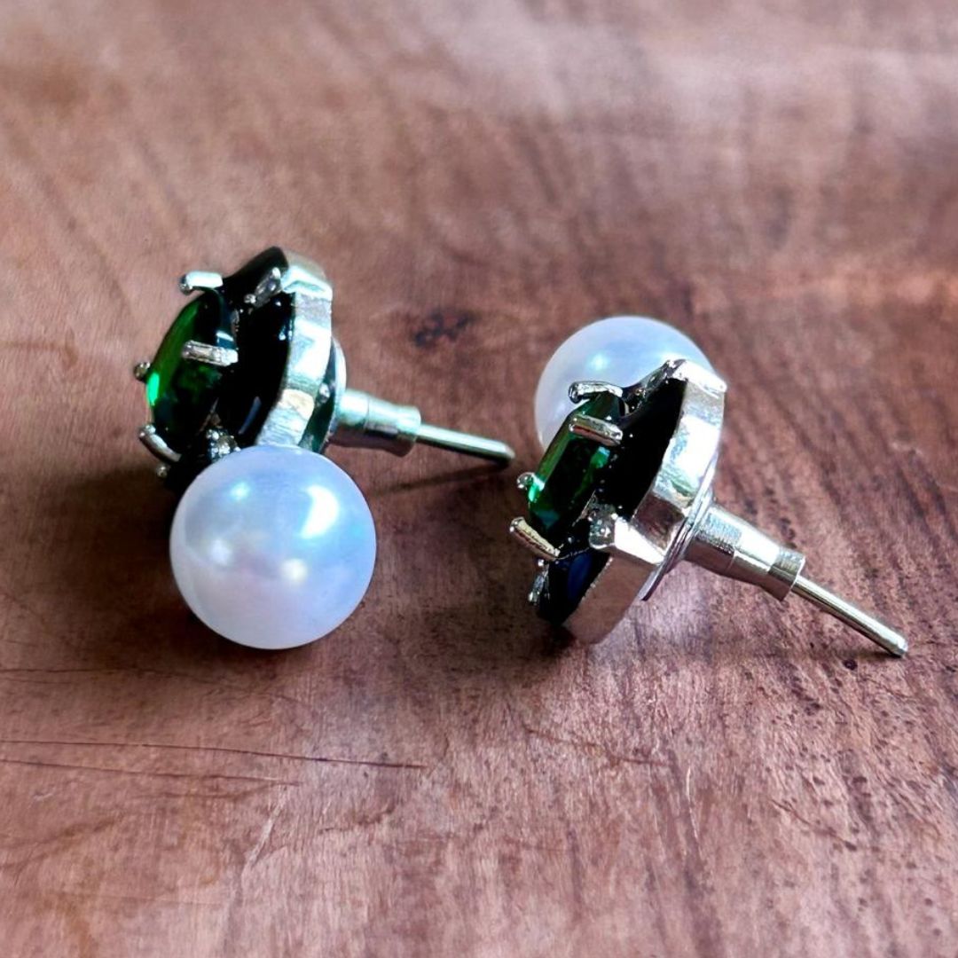 Glow Pearl CZ Green Stud Earrings