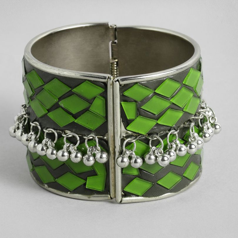 Green Meenakari Silver-Plated Cuff Bracelet