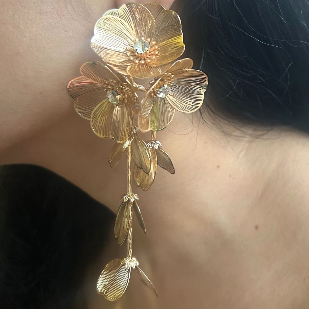 Agate Aged Gold Floral Statement Earrings