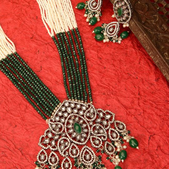Rhodium Plated AD Emerald Rani Haar Set