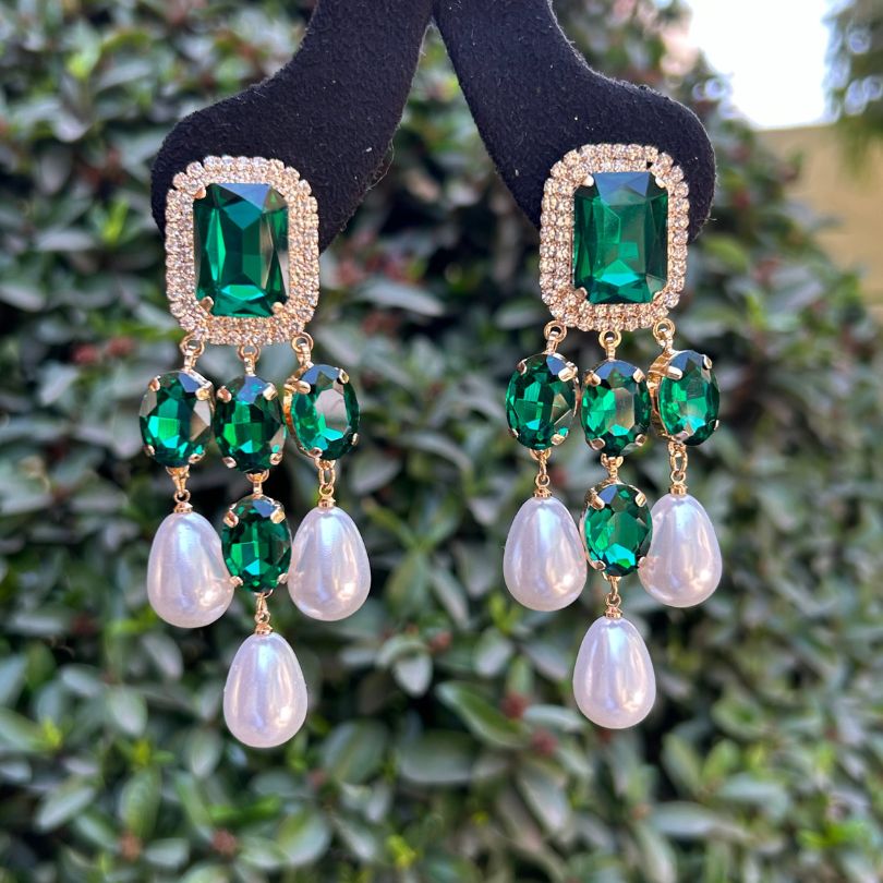 Chandelier Green Pearl AD Earrings