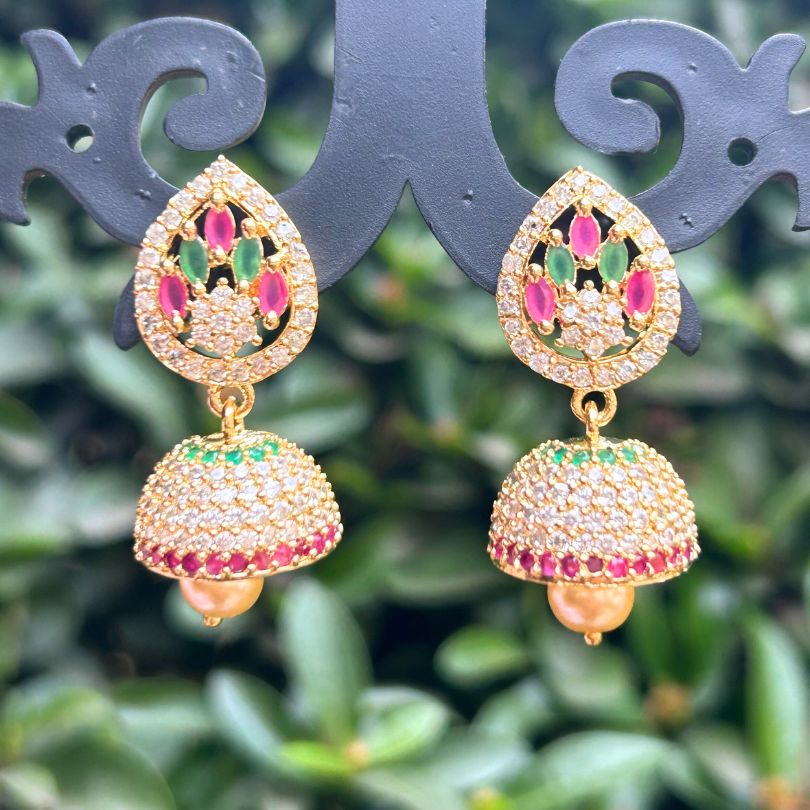 Leaf Green & Pink American Diamond Jhumkis