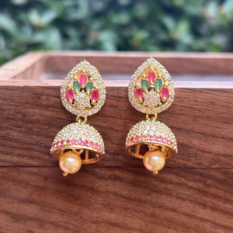 Leaf Green & Pink American Diamond Jhumkis